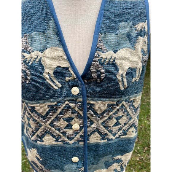 Vintage Keren Hart Tapestry Vest L Horse Pattern Blue Cotton Western Style - Picture 2 of 12